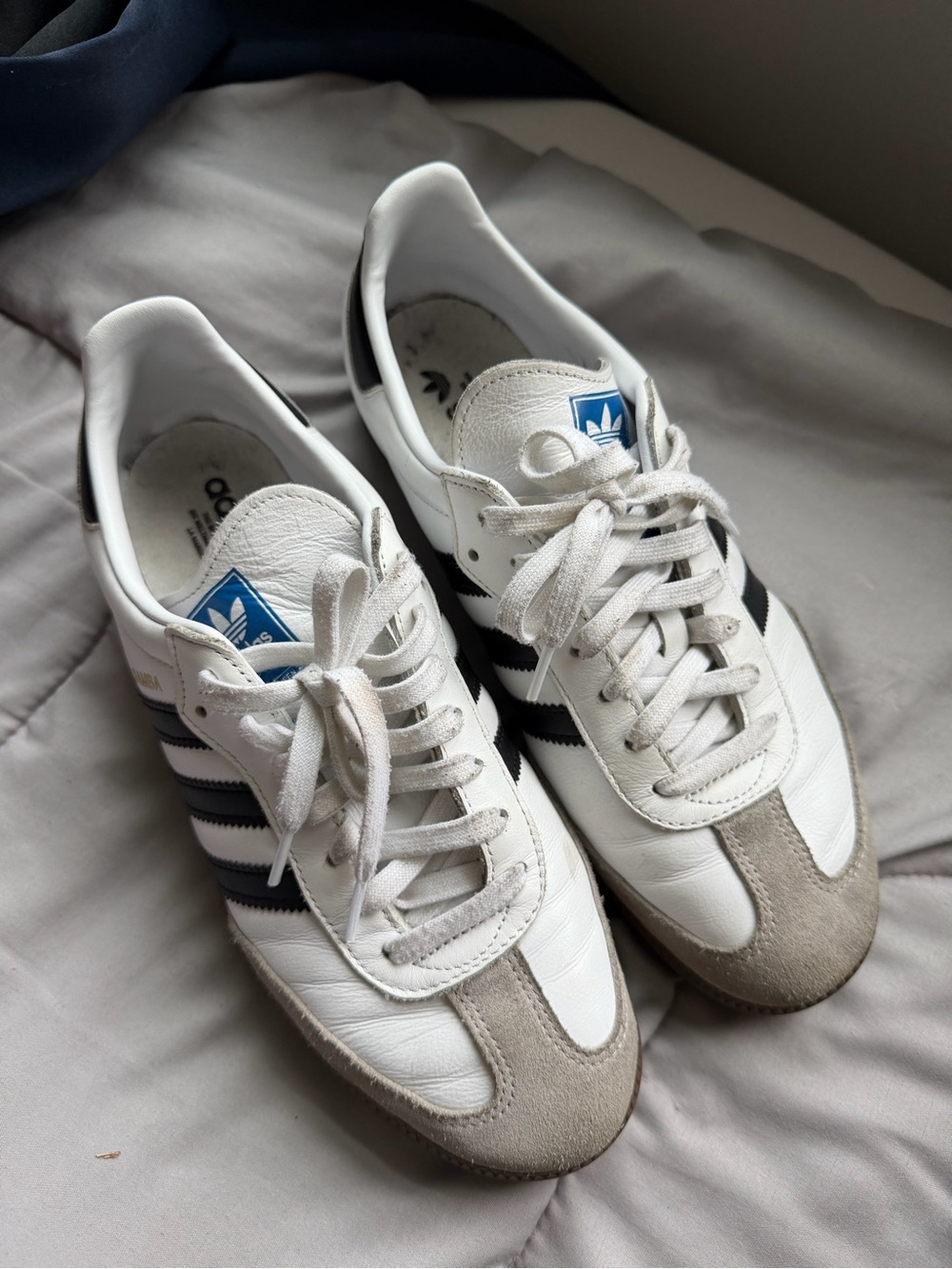 adidas White and Black Samba-Inspired Leather Sneakers with Blue Tongue Logo